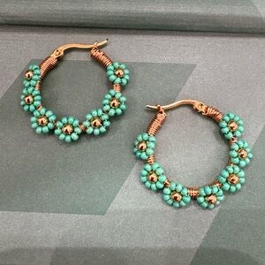 Turquoise and Gold Beaded Hoop Earrings